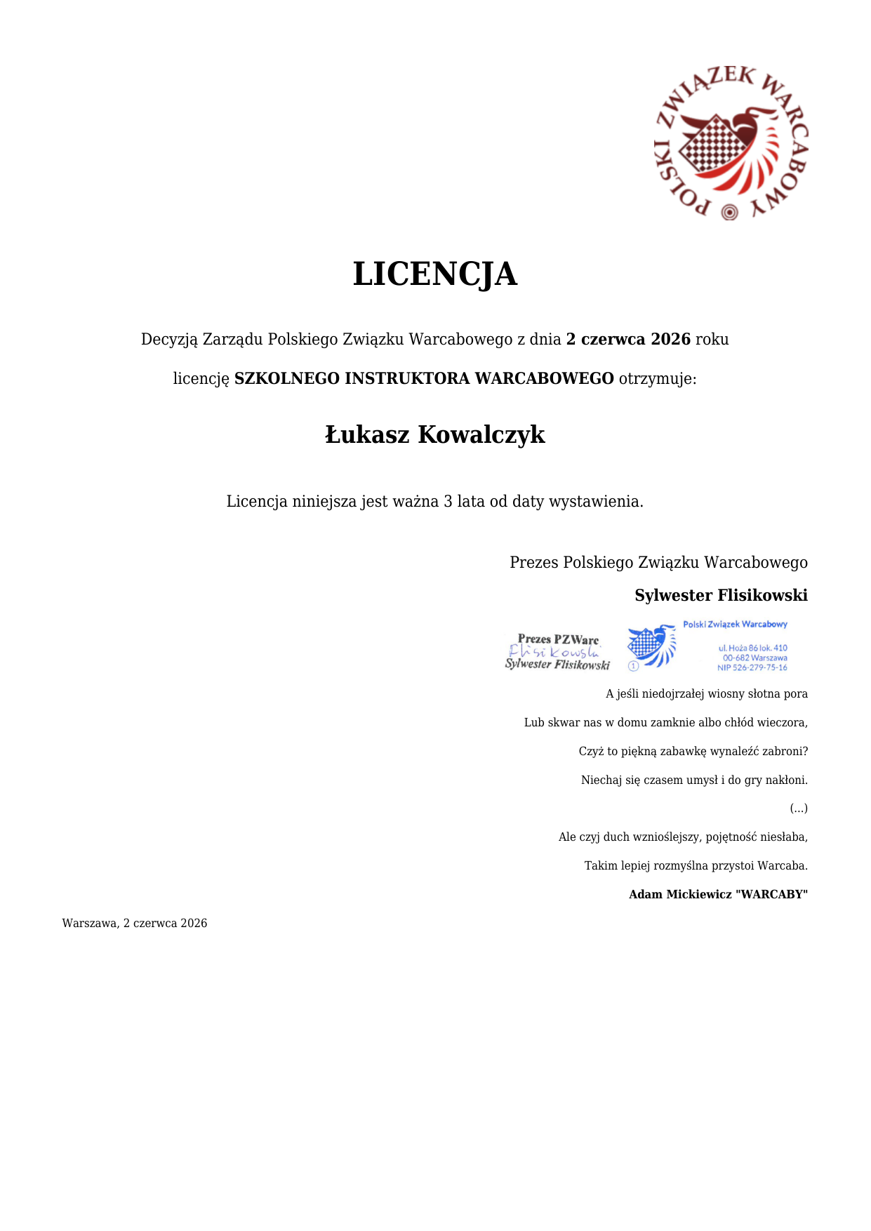 Dokument licencji Szkolnego Instruktora Warcabowego
